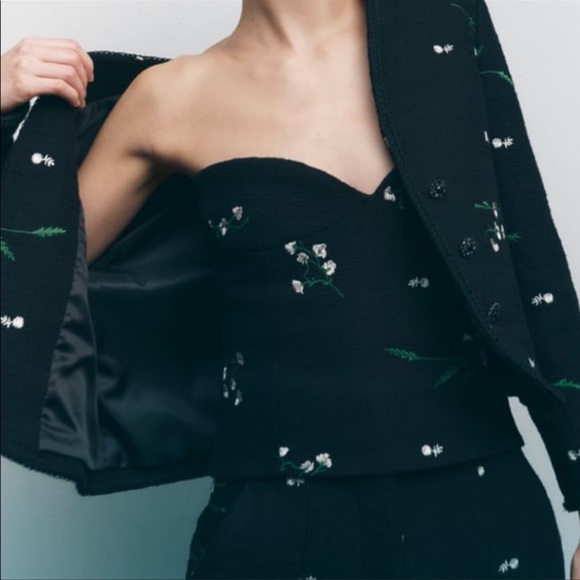 Zara Tops - Black Tweed floral embroidered corset top